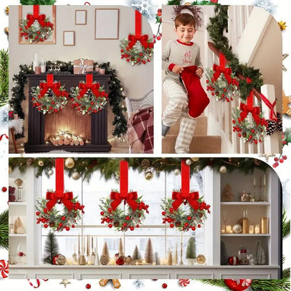 🔥Christmas Mini Window Wreaths with Ribbon Bows & Red Berries - Small Cabinet Hangers, Farmhouse Style Kitchen Door Decor for Christmas Party Arrangements