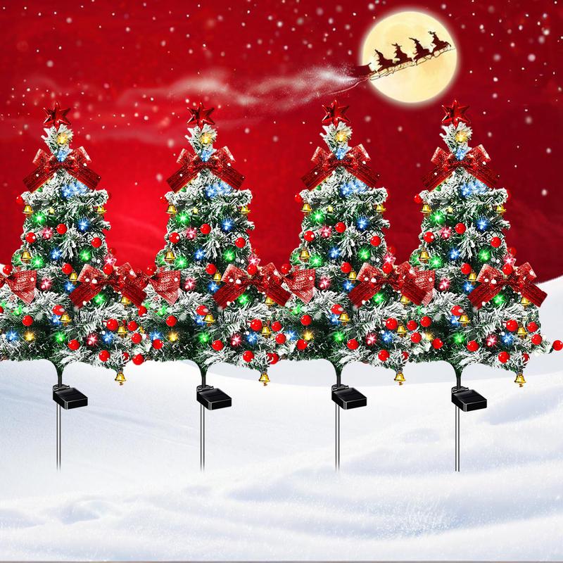 4-Pack solar Christmas tree lights for outdoor decoration, waterproof, small solar Christmas tree path lights, solar garden decorative pole lights, courtyard decoration with snow style, suitable for paths, lawns and terraces
