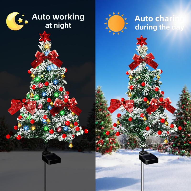 4-Pack solar Christmas tree lights for outdoor decoration, waterproof, small solar Christmas tree path lights, solar garden decorative pole lights, courtyard decoration with snow style, suitable for paths, lawns and terraces