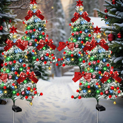 4-Pack solar Christmas tree lights for outdoor decoration, waterproof, small solar Christmas tree path lights, solar garden decorative pole lights, courtyard decoration with snow style, suitable for paths, lawns and terraces