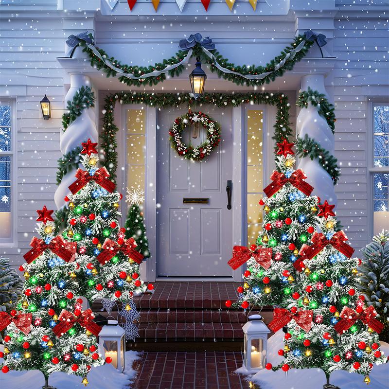4-Pack solar Christmas tree lights for outdoor decoration, waterproof, small solar Christmas tree path lights, solar garden decorative pole lights, courtyard decoration with snow style, suitable for paths, lawns and terraces