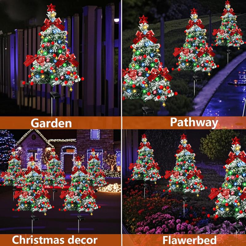 4-Pack solar Christmas tree lights for outdoor decoration, waterproof, small solar Christmas tree path lights, solar garden decorative pole lights, courtyard decoration with snow style, suitable for paths, lawns and terraces